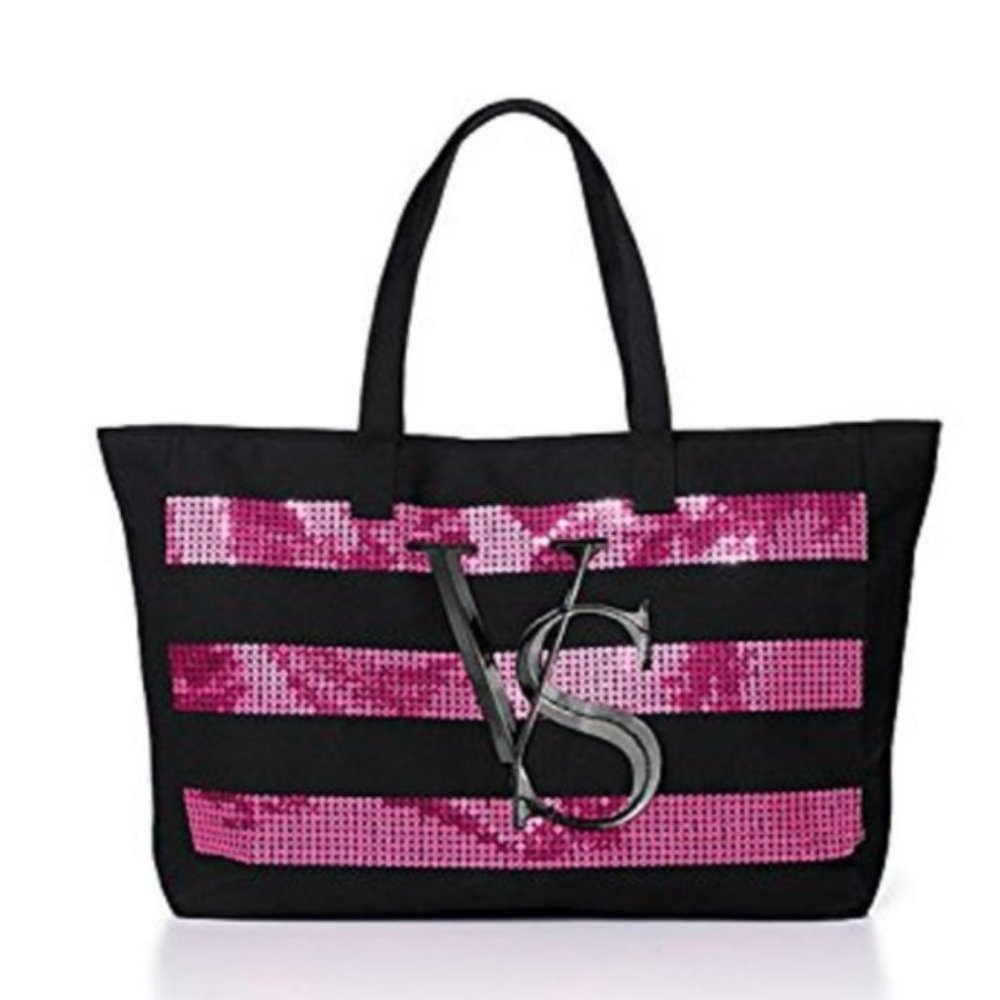 NWT Victoria's Secret Sequin Pink Black Stripes Large Bling Tote Bag